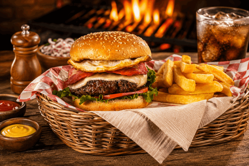 Hamburguesa de carne con papas fritas